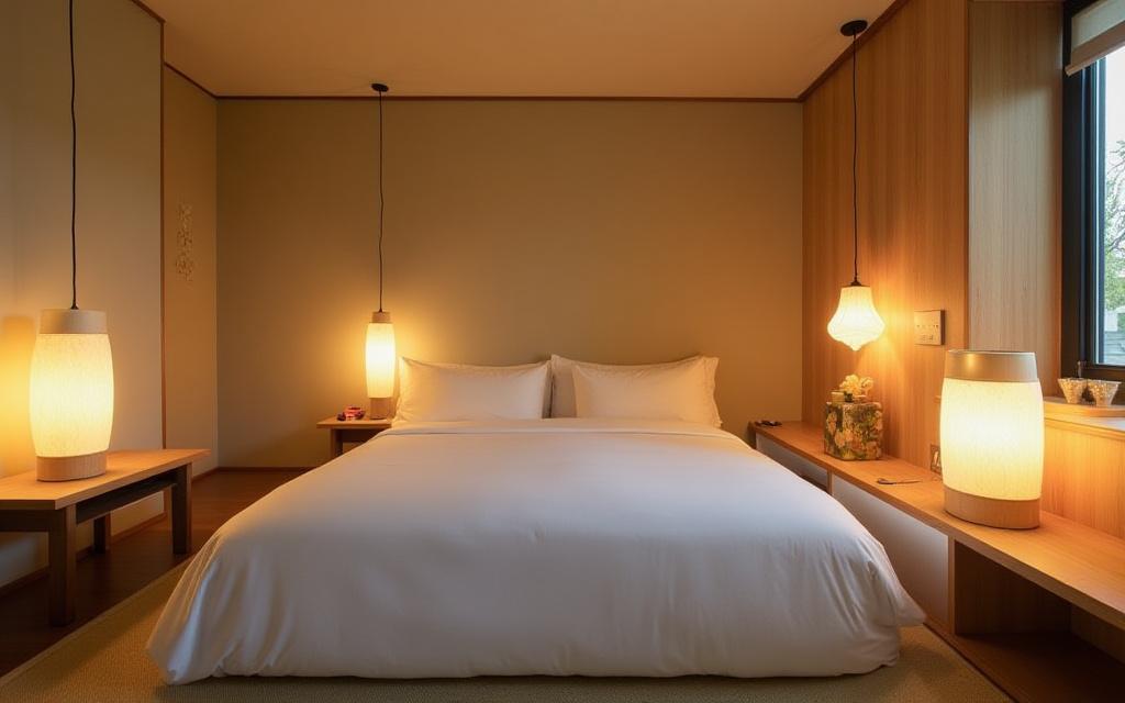 A modern Western-style room 'Ume' with beds, infused with Japanese design elements like washi paper lamps.
